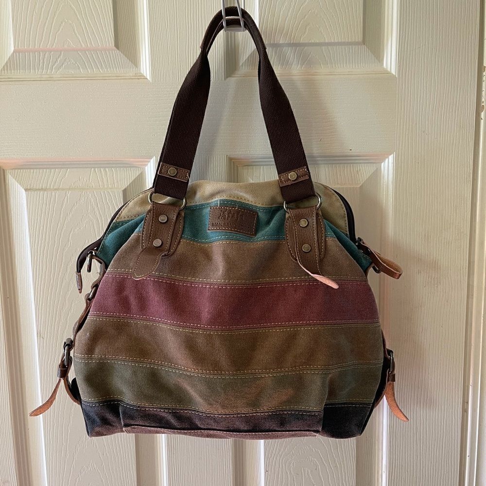 MANJIANGHONG  canvas Autumn color shoulder bag embellished with leather …